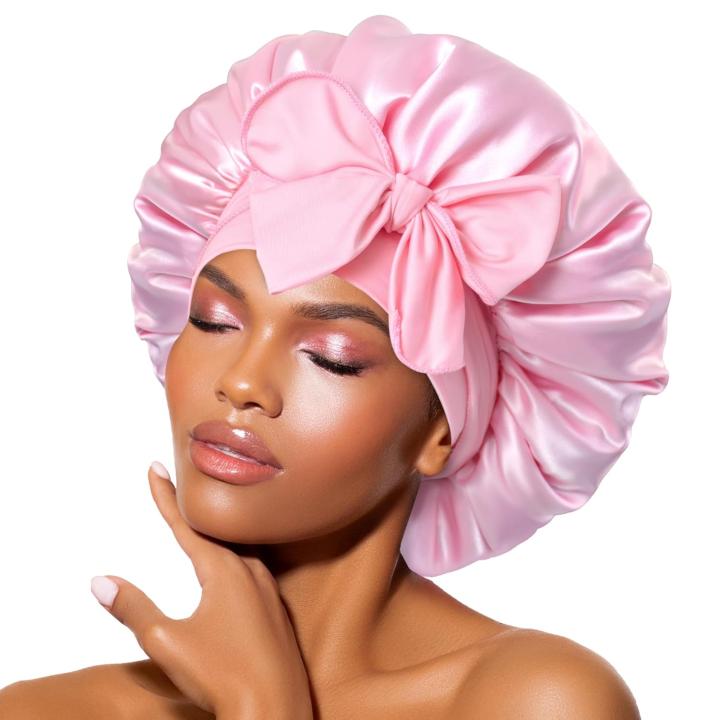 Gorro de seda para dormir, gorro de satén para el pelo, gorro ajustable, gorros rosas, gorros para dormir para mujeres y niñas, gorros de noche, color rosa