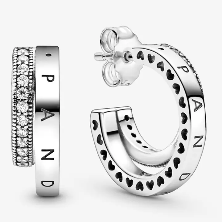 Pandora Pendientes de Botón en Plata de Ley Doble Medio Aro Brillante 299056C01，Incluye Caja Original - 1