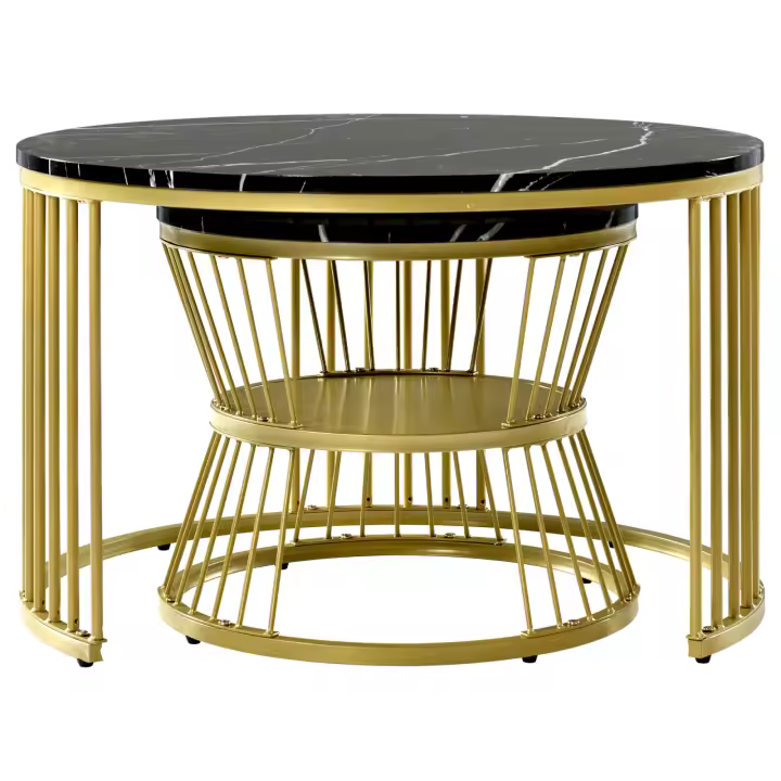 Set de 2 Mesas de Centro Nido, 70/45 cm, Tablero Negro Efecto Mármol, Estructura Metálica Dorada, Mesas Auxiliares Redondas para Salón - 1