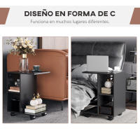 HOMCOM Mesita Auxiliar Moderno Mesa Auxiliar en Forma de C con Ruedas Estantes Abiertos para Salón Dormitorio 45x35x58 cm Negro - details 1