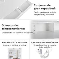 T-Lovendo Tocador de maquillaje con Luz | Mueble tocador con Espejo 2 cajones y estantes de almacenamiento | Mesa de maquillaje moderno blanco para dormitorio, cómoda organizadora cosméticos y joyas - details 1