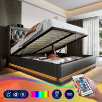 Cama de almacenamiento hidráulico de Material de PU Negro, Cabeza de Cama de almacenamiento with Carga USB type C, función LED de 3 lados (with colchón) - details 5
