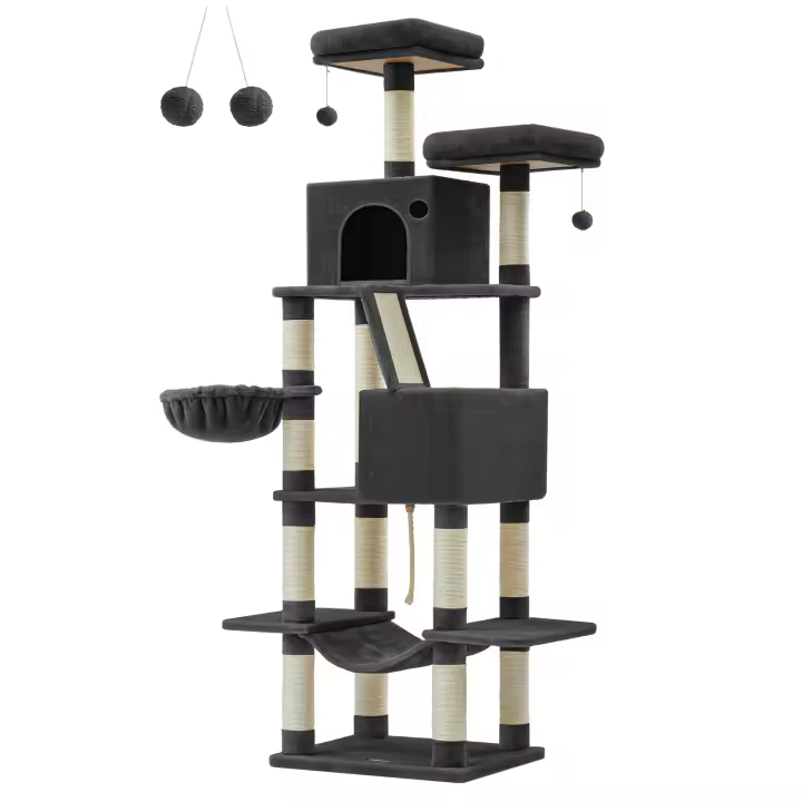 Feandrea Árbol para Gatos, XXL, Torre de Gatos de 206 cm de Altura con 13 Poste, 2 Plataformas, 2 Cuevas, Cesta, Hamaca, Pompón, Rascador Multinivel para Gatos Grandes, Beige/Blanco Crema/Gris Antracita/Gris Claro/Rosa Jalea/Negro Tinta/Marrón Camello - 1