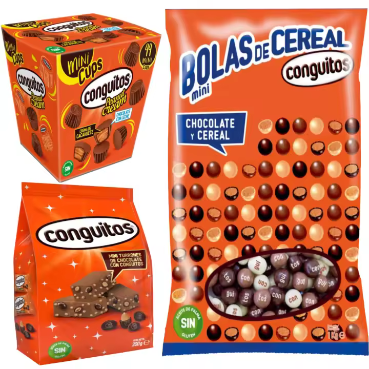 Conguitos pack 1,4KG desayuno y merienda : mini bolas cereal mix (1kg) + mini cups leche (200g) &  mini turrones de chocolate (200g) - 1