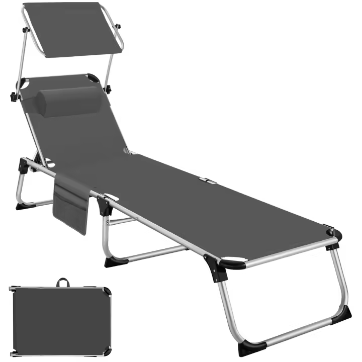 TECTAKE - Tumbona AURELIE de aluminio, ajustable en 6 posiciones  Cómoda tumbona plegable con reposacabezas  Respaldo con ángulo ajustable en 6 posiciones  Parasol ajustable - 1