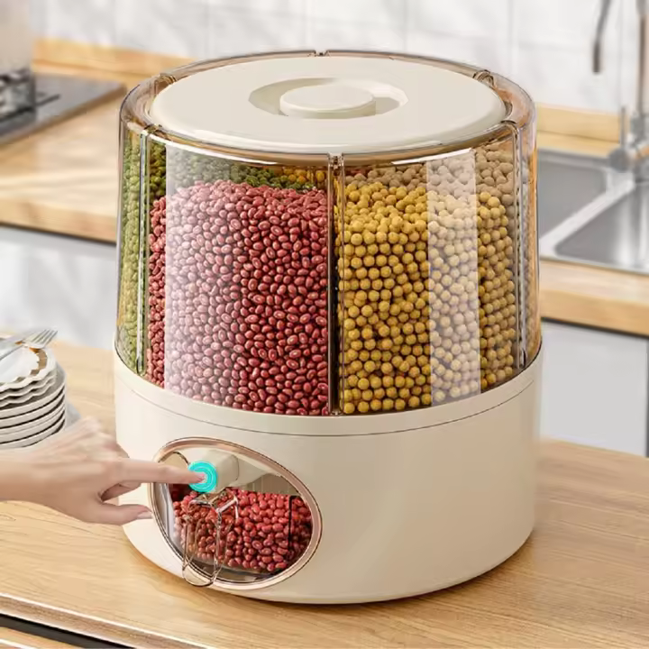 Dispensador de arroz de 22 libras, contenedor grande de almacenamiento de granos con tapa, cilindro de medición, dispensador de cereales para el hogar, cubo para cocina, soja y maíz (6 - 1