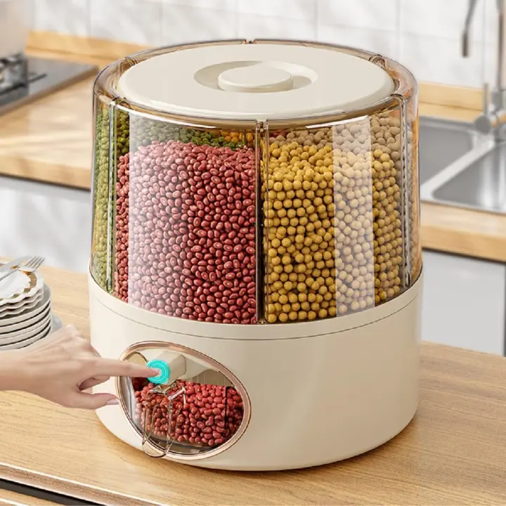 Dispensador de arroz de 22 libras, contenedor grande de almacenamiento de granos con tapa, cilindro de medición, dispensador de cereales para el hogar, cubo para cocina, soja y maíz (6 - 1