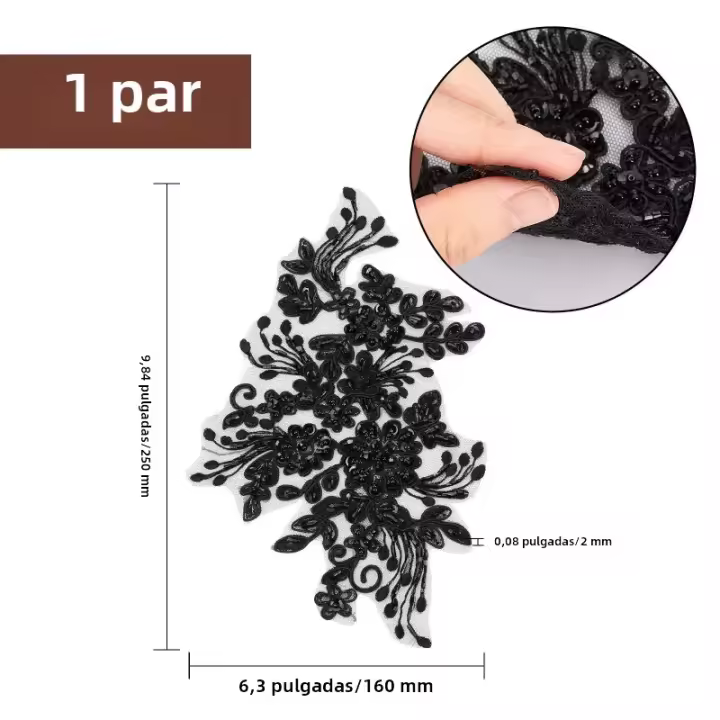 2Pcs Parches De Encaje Con Bordado De Flor De Perla 3D Negro Para Accesorios De Boda Ropa Y Manualidades DIY Tamaño 160x250x2mm - 1