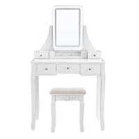 Tocador con espejo LED, 3 colores de luz led y brillo ajustable, taburete acolchado incluido, 5 cajones y organizador extraíble - details 0