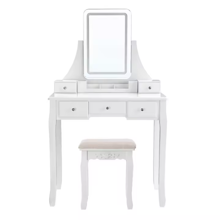 Tocador con espejo LED, 3 colores de luz led y brillo ajustable, taburete acolchado incluido, 5 cajones y organizador extraíble - 1