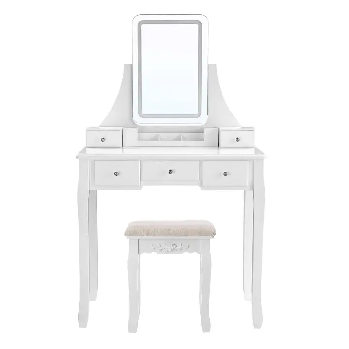 Tocador con espejo LED, 3 colores de luz led y brillo ajustable, taburete acolchado incluido, 5 cajones y organizador extraíble - 1