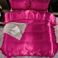 Set De Edredón Satinado 3PCS Colores Blanco Khaki Y Rosa Seda Suave Con Volantes Estilo Moderno Para Cama Conjunto De Ropa De Cama - details 16