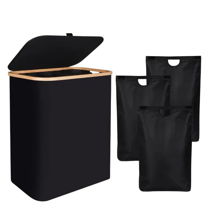 Cesta de lavandería de 140 litros con tapa COLOR BEIGE, cesta de lavandería extra grande con 3 forros extraíbles (3 compartimentos), soporta hasta una semana de ropa para la familia, 22 x 15 x 26 - 1