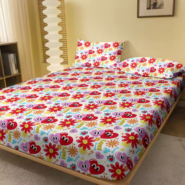 Sábana Con Patrón De Expresión Heartflower 1 Pieza Seda Poliéster 100% Para Dormitorio Cama Con Estampado Sin Almohadillas Incluidas - 1