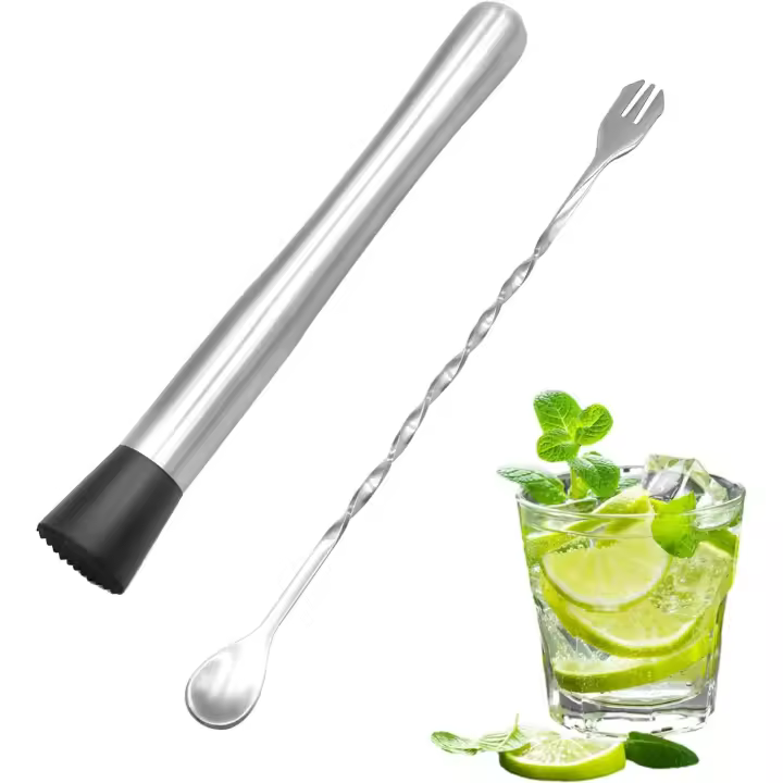 Muddler de cóctel de acero inoxidable, con 1 cuchara mezcladora, juego de coctelera, juego para preparar cócteles y crear deliciosos mojitos. - 1