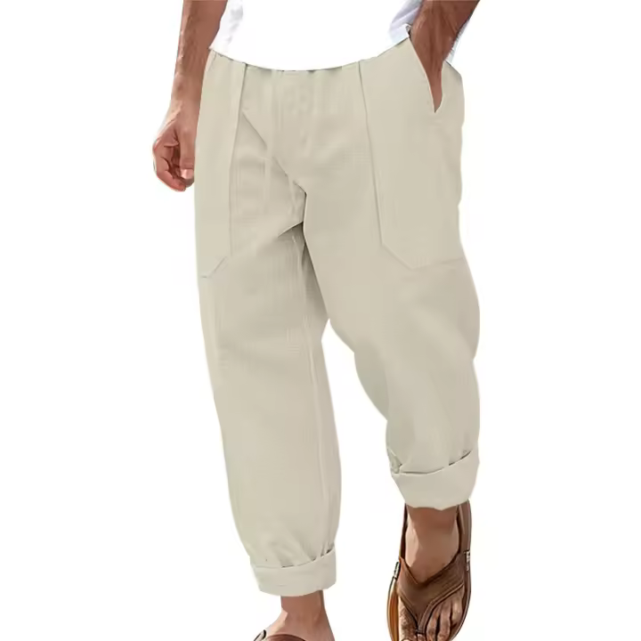 Pantalones de hombre de algodón y lino de estilo americano de talla grande, transpirables y absorbentes del sudor, de color sólido, pantalones casuales básicos de pierna ancha para hombre - 1