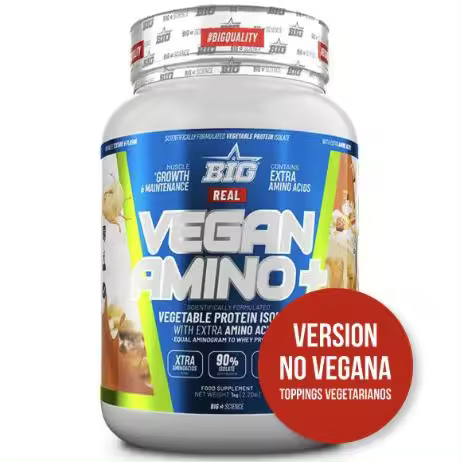 BIG Real Vegan Amino Plus sabor Banana & Caramel with bits 1Kg - Version no vegana y apta para vegetarianos - Proteina Vegetal de Big - Aislado de proteína vegetal 90% enriquecido con un 10% extra de aminácidos esenciales - 1