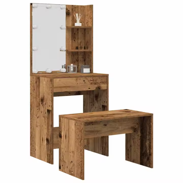vidaXL Juego de tocador con LED madera contrachapada madera vieja - 1