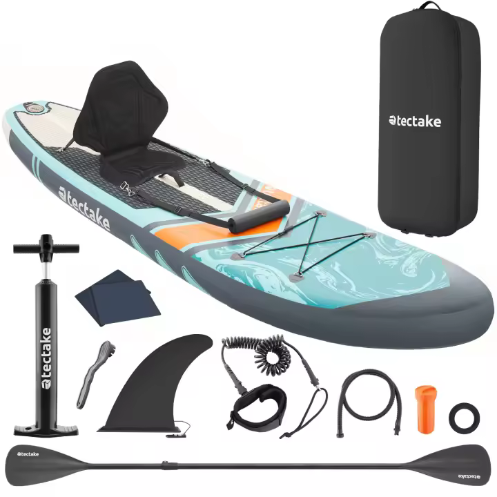 Tectake - Tabla de paddle surf Zenon, Hinchable 2 en 1, Set completo, Asiento Kayak, Stand Up Paddle, Accesorios Paddle Surf, Padel Surf Hinchable, Gran estabilidad, Correa de sujeción para el pie, Drop-Stitch para una máxima rigidez, Sistema de 3 aletas - 1