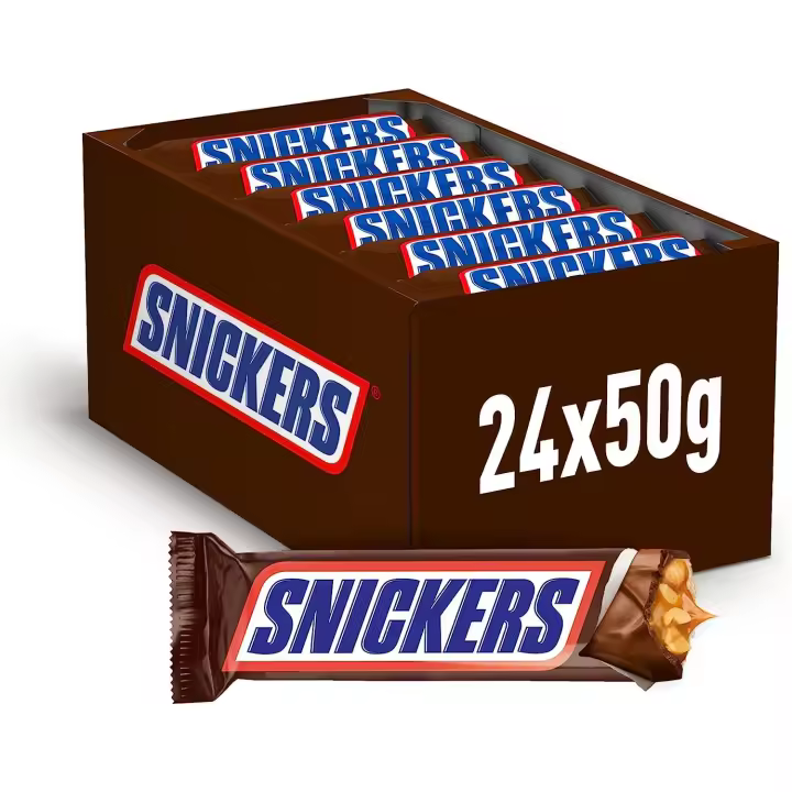 Snickers, Chocolatina con Crema de Cacahuete, Caramelo y Cacahuete recubiertos de Chocolate con Leche - 24 unidades x 50g - 1