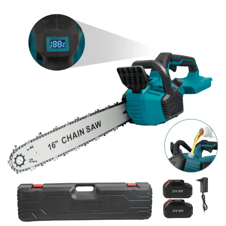 motosierra eléctrica sin escobillas, 16 pulgadas, 8000W, LED, engrase automático, herramienta eléctrica inalámbrica para carpintería y jardín, batería Makita de 18V - 1