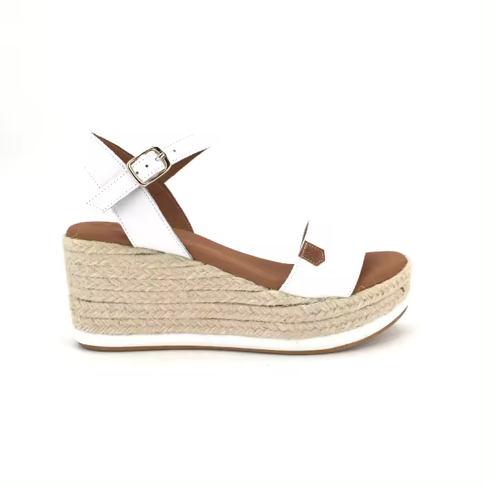 Sandalia Popa para mujer color blanco, mod.Arambol, Sandalia de piel con cuña de esparto y plantilla acolchada muy cómoda - 1