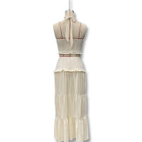 Conjunto Elegante De 2 Piezas Para Mujer Halter Sin Espalda Camisola De Cintura Elástica Con Volantes + Falda Larga De Encaje Sólida Vestido De Noche Para Fiesta Y Vacaciones En La Calle - details 6