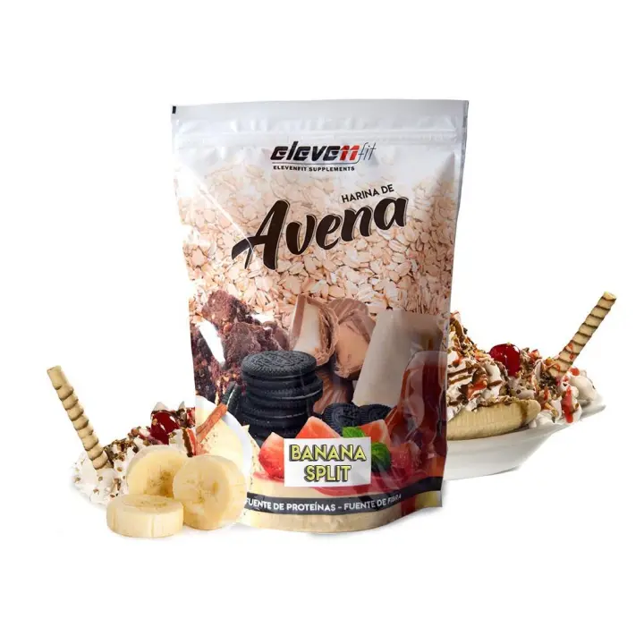Eleven Fit Harina de Avena / Fuente de Hidratos de Carbono y Proteínas - Ideal para Tortitas - 18 Deliciosos Sabores - Efecto Saciante y Beneficios de Alta Nutrientes Sabor Banana Split 1KG - 1