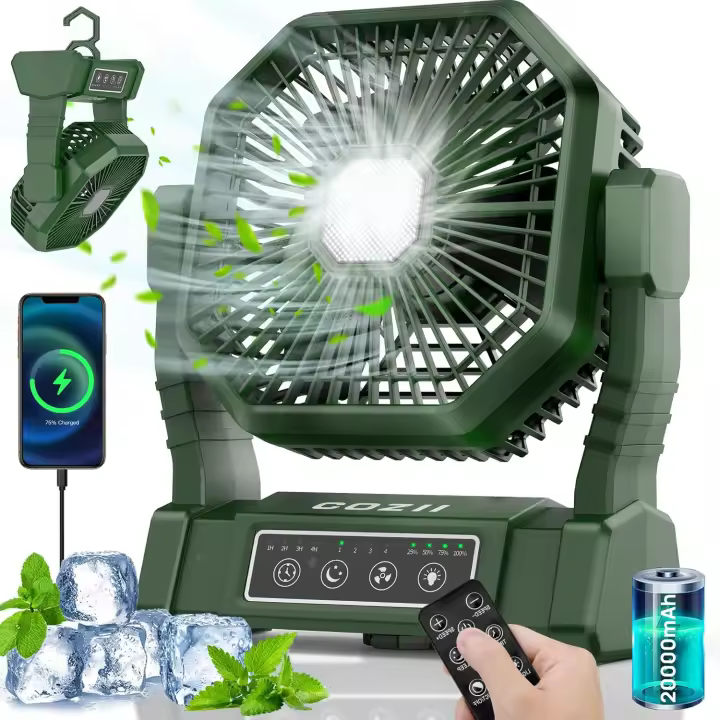 Ventilador Camping Recargable, 20000mAh Ventilador de Mesa, 4 Velocidades Ventilador USB, Ventilador Portátil con Luz LED, Gancho Colgar y Control Remoto para Viaje Picnic Fishing Oficina - 1