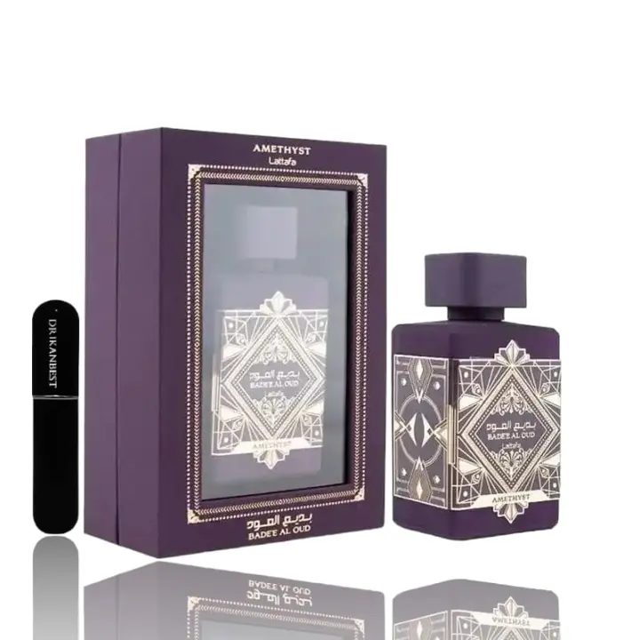 Perfume  Badee al Oud Amethyst Lattafa 100 ml(ORIGINAL) Eau de Parfum Unisex+Regalo Atomizador DRIKANBEST recargable 5ml - 1