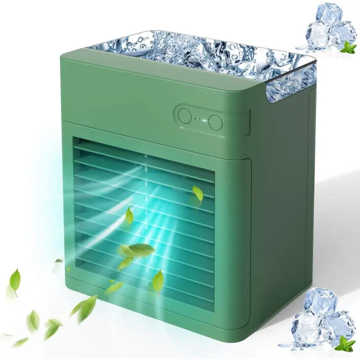 Mini Refrigerador de Aire, aire acondicionado portátil con humidificador, Carga USB, 3 velocidades ajustables y Luces LED de 7 Colores, para el hogar, dormitorio, oficin, exterior (verde) - 1