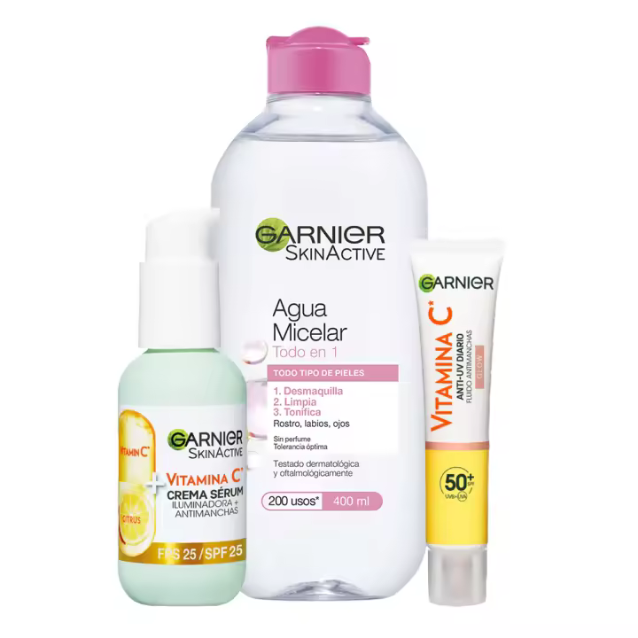 GARNIER | Rutina Anti Manchas con Agua Micelar Clásica de 400ml +  Crema sérum SPF25 2 en 1 iluminadora y antimanchas con vitamina C 50ml + Fluido Diario de Vitamina C  SPF50+ efecto glow - 1