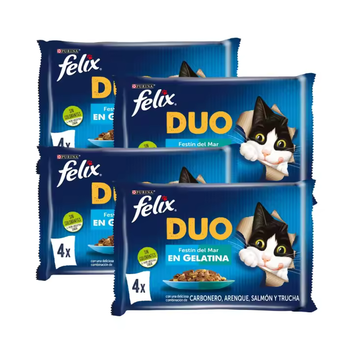 FELIX - Duo Gelatina (16x85 gr) - Comida Húmeda Festín del Mar (Pescado Blanco y Salmón, Arenque y Trucha, Salmón y Sardina, Trucha y Caballa) (4x4x85 gr) - 1