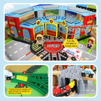 Pista De Tren De Madera DIY Puente Túnel De Urbanización Vía Férrea Pasarela Juguete De Coche Escena Combinada Pista De Tren De Madera Accesorios Abeja Giratoria - details 2