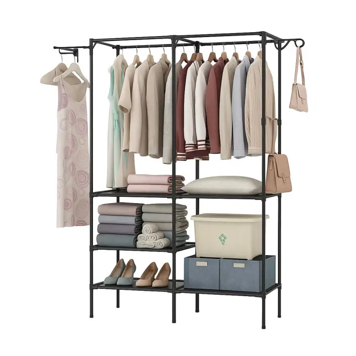 Armario Ropero Metálico Grande con Estantes y Barras para Colgar Ropa – Organizador Modular Abierto para Dormitorio, Vestidor o Lavadero – Estructura Resistente y Espaciosa de Almacenaje - 1