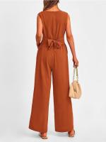 Traje De Mujer Elegante Y Moderno De Color Sólido Con Cuello En V Y Pierna Ancha Sin Mangas Traje De Verano Para Mujer - details 1