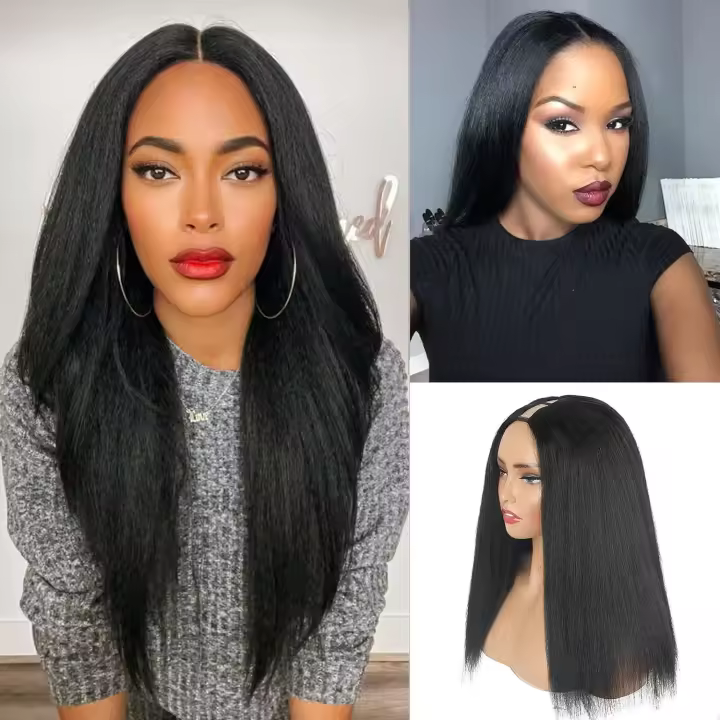 Pelucas Sintéticas Con Parte U Para Mujeres Negras Textura Yaki Rectas Color Natural Extensiones De Cabello Con Clip Peluca Larga 26+ Pulgadas - 1