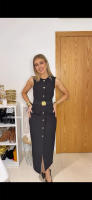 Vestido Largo Negro Para Mujer Estilo Casual Elegante Con Botones Y Manga Corta Para Primavera Verano 2025 Vestidos De Polyester A-Line - details 4