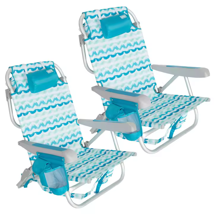 Aktive - Set 2 sillas plegables de playa con respaldo reclinable, cojín, bolsillos y transporte tipo mochila. Diseño marinero azul, estructura aluminio resistente, reclinables en 5 posiciones - 1