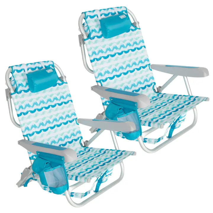 Aktive - Set 2 sillas plegables de playa con respaldo reclinable, cojín, bolsillos y transporte tipo mochila. Diseño marinero azul, estructura aluminio resistente, reclinables en 5 posiciones - 1