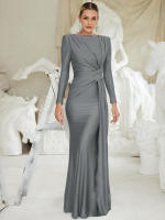 Vestido Maxi Dulzura Elegante Y Sólido Con Hombros Acentuados Y Cintura Definida Para Fiesta De Noche Mujer Otoño Invierno - details 26