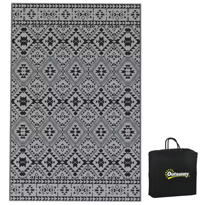 Outsunny Alfombra Exterior, Alfombra de Plástico, Alfombra Reversible Impermeable, Alfombra de Jardín para Camping, Terraza, Negro+Gris, 182 x 274 cm - 1