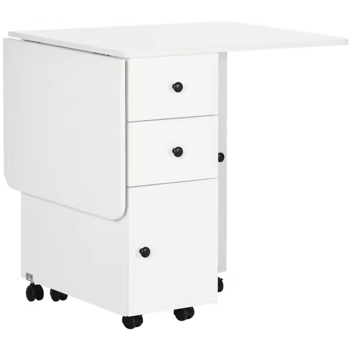 HOMCOM Mesa de Comedor Plegable con Ruedas Alas Abatibles 2 Cajones y Armario Mesa Auxiliar Multifuncional para Estudio Cocina 120x60x76,5 cm Blanco - 1