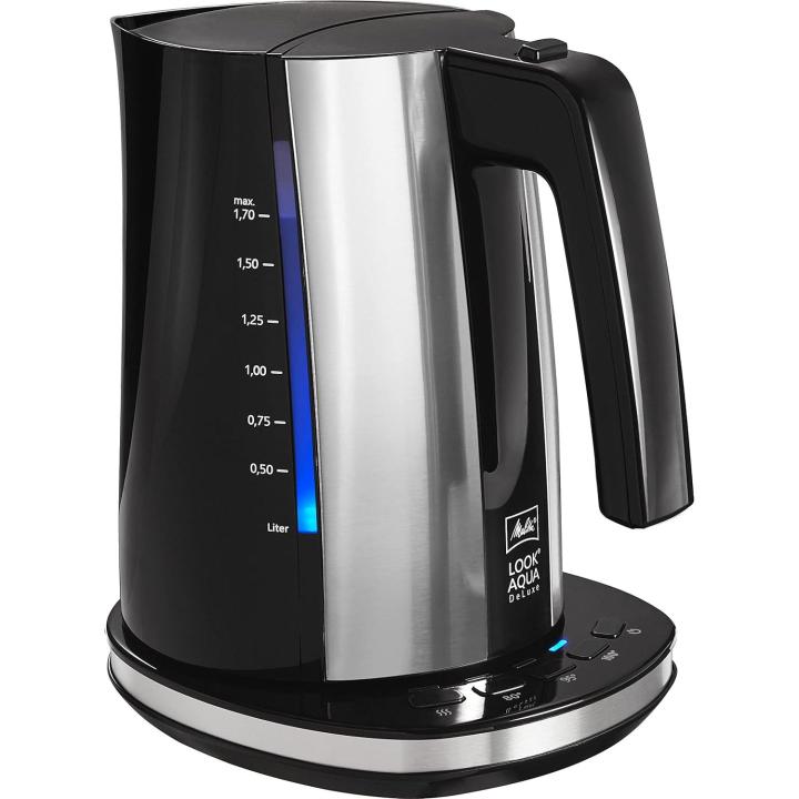Melitta II Look Aqua Deluxe 1026-04 BK SST - Hervidor de agua (1,7 litros, 2400 W, temperatura regulable (80 °C, 95 °C, 100 °C, función de mantenimiento en caliente, plástico, 1,7 L).Iluminación Led. Filtro de cal extraible.