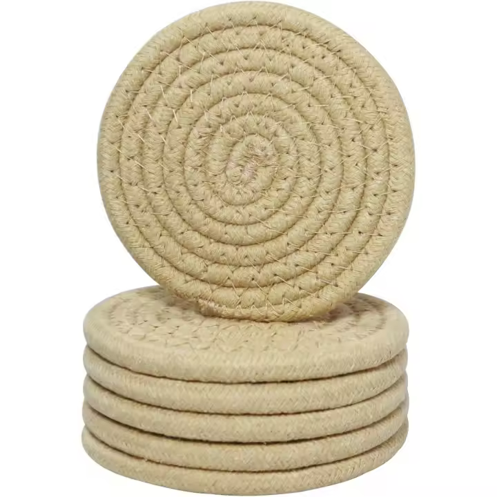 Coasters for Drinks,Water Absorbent Coaster Set, Handmade Braided Fabric Coasters Heat-Resistant (6, Khaki) - 1