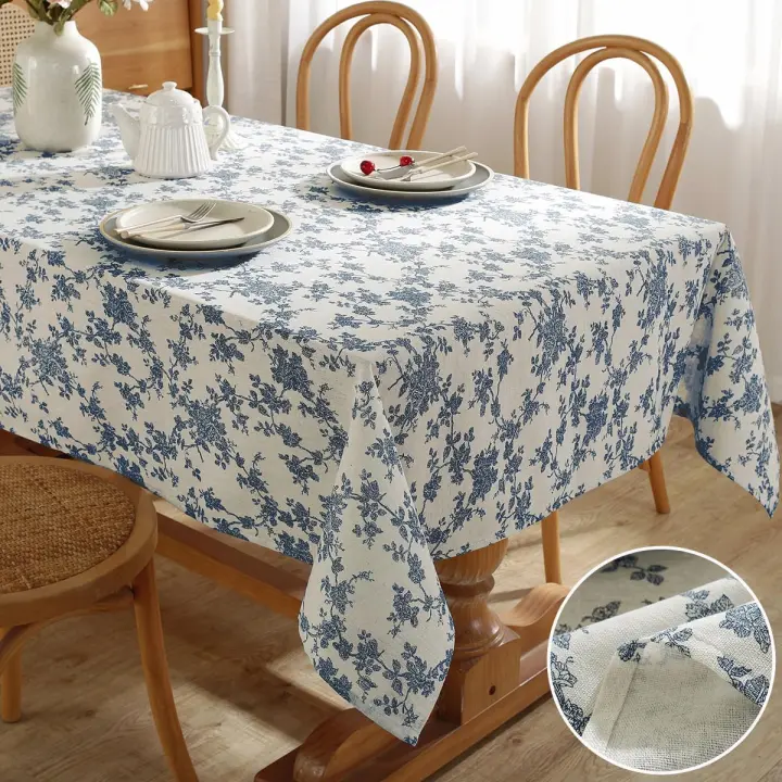Mantel de lino y algodón estilo pastoral rectangular, lavable, estilo vintage, con estampados florales azules - 1