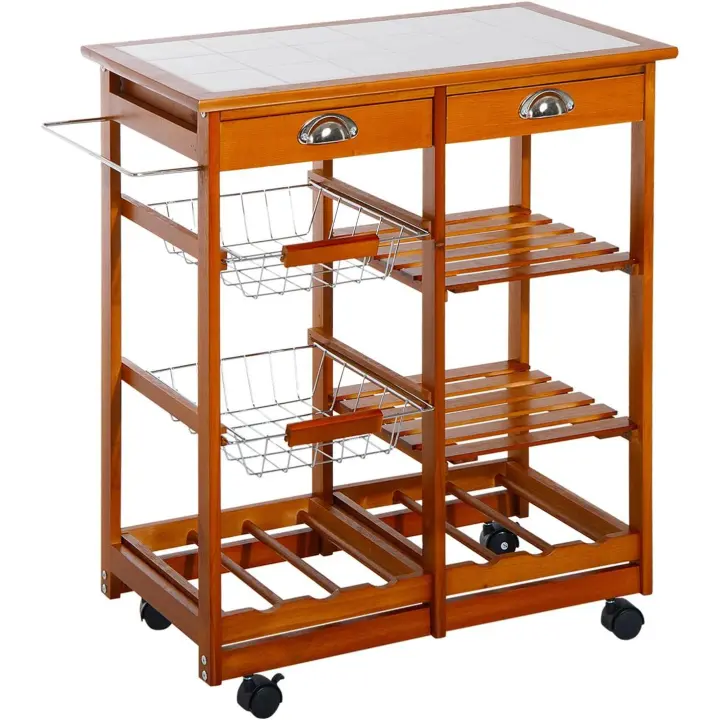 Carrito para Cocina Multifuncional Carrito Auxiliar de Madera con Gran Espacio de Almacenaje Cajones Cestas Estantes 4 Ruedas Freno - 1