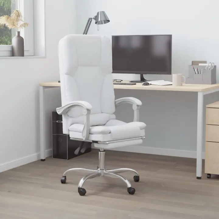 vidaXL Silla de oficina reclinable masaje cuero sintético blanco - 1