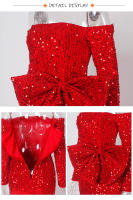 Vestido De Fiesta Larga Rojo Con Lazo Y Lentejuelas Para Mujer Vestido De Noche Para Bodas Y Premiaciones De Corte Sirena Con Mangas Largas Y Abertura Lateral - details 5