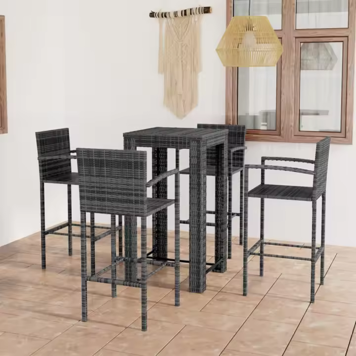 vidaXL Muebles de bar de jardín 5 pzas ratán PE reposabrazos gris - 1